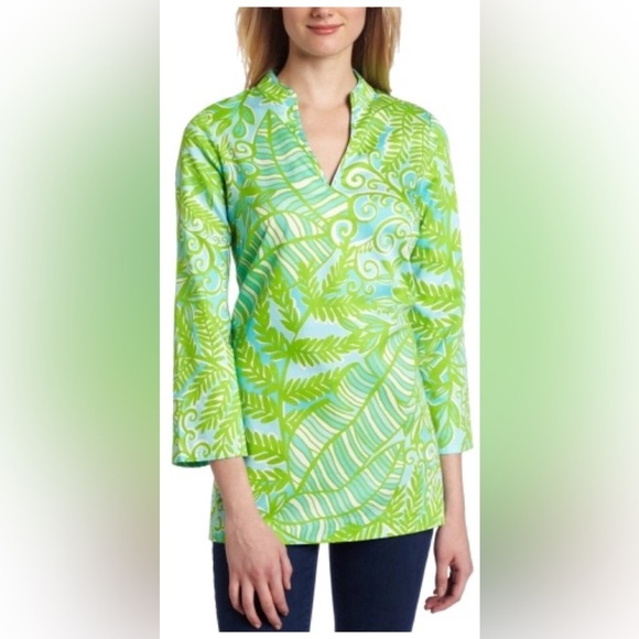 Lilly Pulitzer Bright Green Blue Tropical Leaf Print Ciara Tunic Top Size Medium - Picture 1 of 10